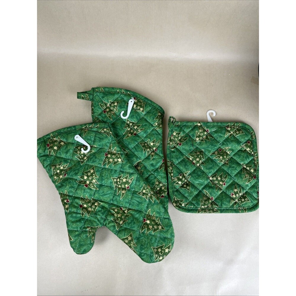 VTG 3pc Christmas Tree Green Oven Mitt & Pot Holder Set By Kay Dee Design USA‎